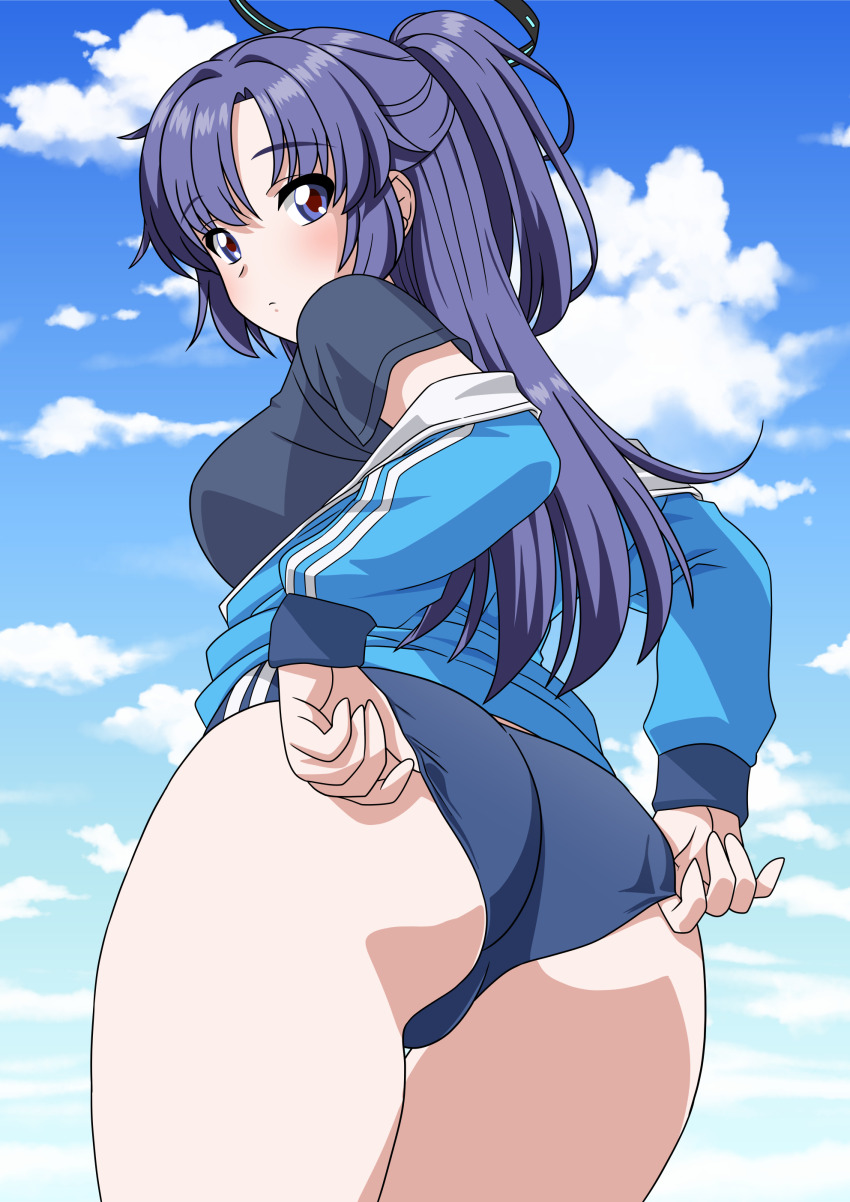 1girl absurdres adjusting_buruma adjusting_clothes ass black_shirt blue_archive blue_buruma blue_hair blue_jacket buruma cowboy_shot from_behind gym_shirt gym_uniform halo highres jacket jacket_partially_removed long_hair looking_at_viewer looking_back mechanical_halo official_alternate_costume open_clothes open_jacket purple_eyes shirt short_sleeves solo track_jacket two_side_up yuuka_(blue_archive) yuuka_(track)_(blue_archive) yuuyuu_(3jjbn)