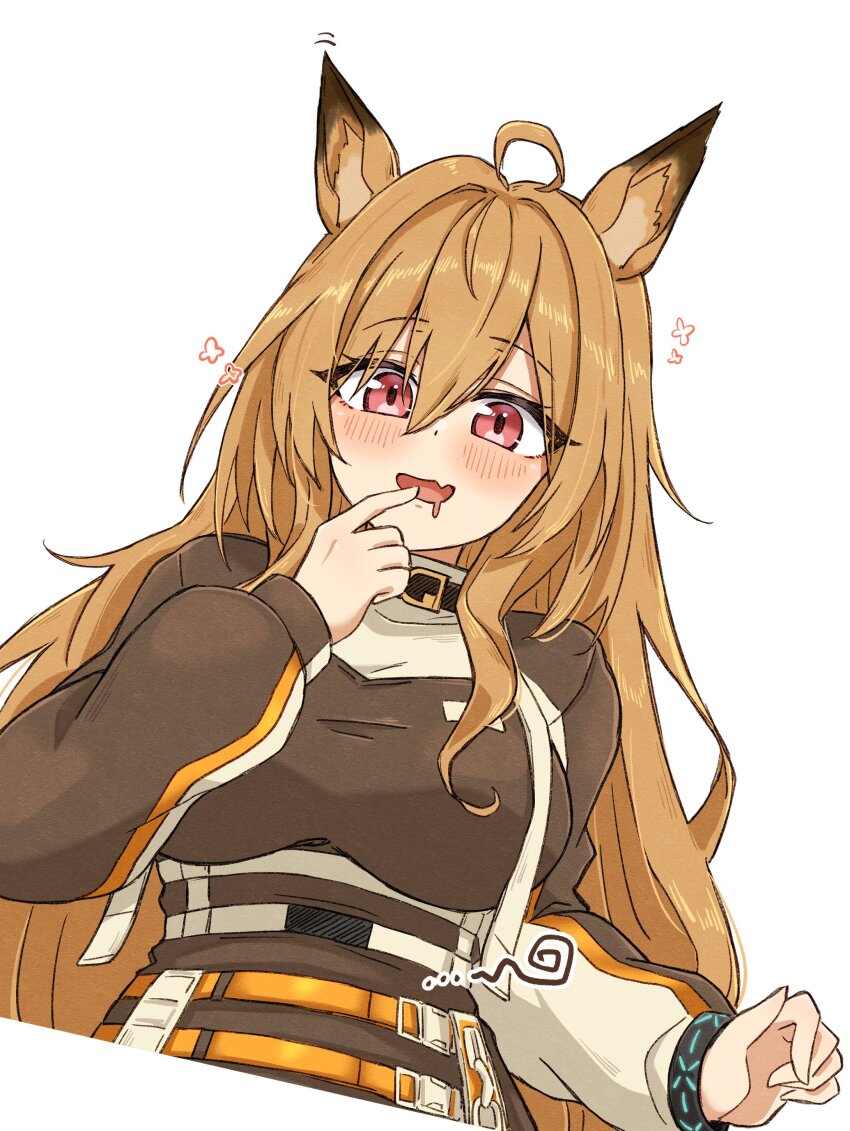 1girl absurdres animal_ears arknights blush brown_hair ceobe_(arknights) commentary cropped_torso drooling fang finger_to_mouth hair_between_eyes highres hungry infection_monitor_(arknights) long_hair long_sleeves looking_at_viewer maiq06 motion_lines mouth_drool open_mouth pink_eyes simple_background skin_fang smile solo stomach_growling white_background