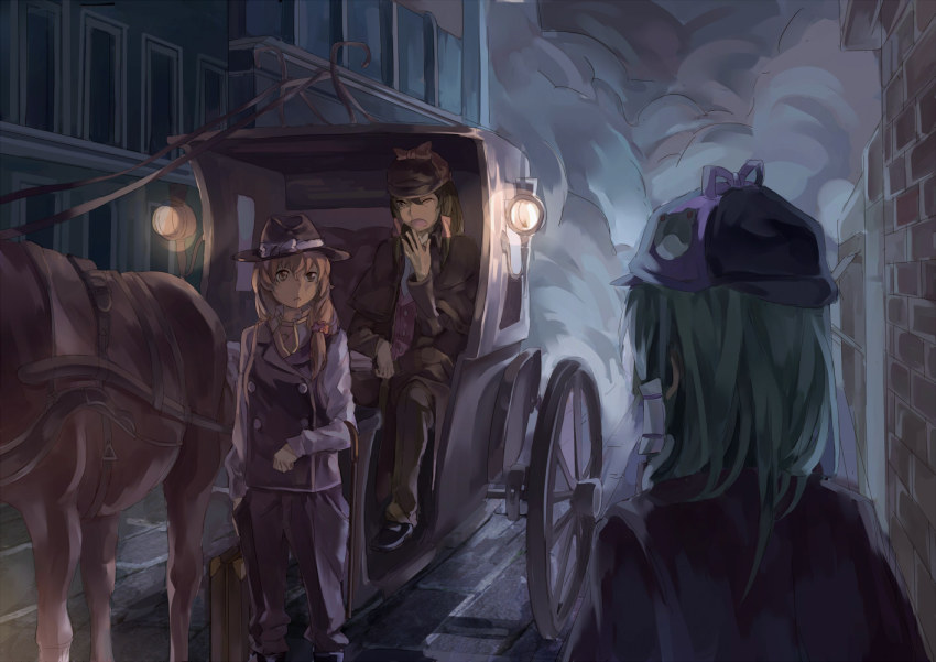 3girls alternate_costume badge blonde_hair brown_hair button_badge cane carriage city cosplay dark deerstalker detective green_hair hair_tubes hakurei_reimu hat horse john_hamish_watson john_hamish_watson_(cosplay) kirisame_marisa kochiya_sanae lantern long_hair multiple_girls night norizc open_mouth road sherlock_holmes sherlock_holmes_(cosplay) smoke street the_adventures_of_sherlock_holmes touhou yawning