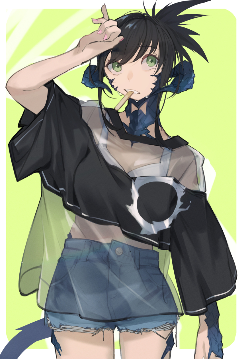 1girl arm_up au_ra bikini black_hair black_shirt blue_shorts border breasts cleavage clenched_teeth commentary cowboy_shot cutoffs denim denim_shorts dragon_horns final_fantasy final_fantasy_xiv fingernails green_eyes hand_to_head high_ponytail highres horns kamatpit large_breasts looking_to_the_side looking_up medium_hair midriff mouth_hold nail_polish open_mouth outside_border panty_straps pink_nails ponytail popsicle_stick scales see-through_clothes see-through_shirt shirt short_shorts shorts sidelocks simple_background solo standing sweat swept_bangs swimsuit tail teeth teeth_hold three-quarter_sleeves warrior_of_light_(ff14) white_bikini white_border wide_sleeves yellow_background