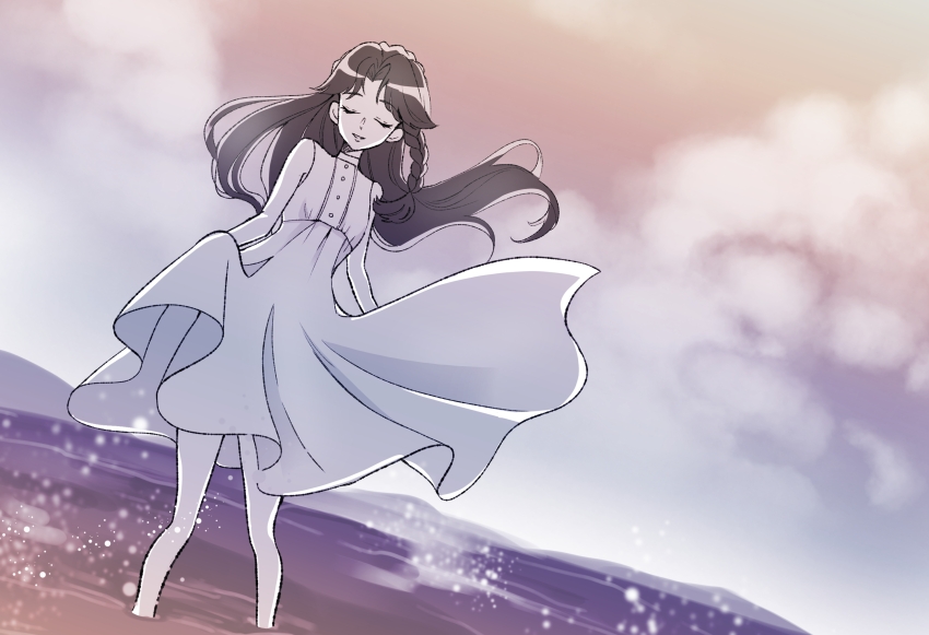 1girl braid closed_eyes cloud dress go!_princess_precure kaidou_minami long_hair monochrome mountainous_horizon ocean open_mouth pre_greenblue precure sky sleeveless sleeveless_dress solo