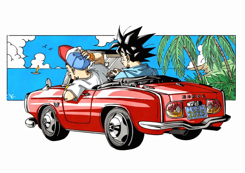 2boys black_eyes black_hair boat car cloud cloudy_sky dragon_ball driving happy kakeru_(dbskakeru) kuririn motor_vehicle multiple_boys ocean sky smile son_goku watercraft