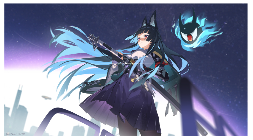 1girl absurdres animal_ears aqua_jacket arm_out_of_sleeve black_gloves black_hair black_pantyhose black_skirt blue_hair blurry blurry_background breasts bright_pupils closed_mouth colored_inner_hair commentary_request cowboy_shot fingerless_gloves fled fox_ears fox_girl from_below gauntlets gloves highres holding holding_sword holding_weapon hoshimi_miyabi jacket long_hair medium_breasts multicolored_hair outdoors pantyhose purple_sky red_eyes scabbard sheath sheathed shide shirt single_fingerless_glove single_gauntlet skirt sky standing sword tailless_(zenless_zone_zero) very_long_hair weapon white_pupils white_shirt wind zenless_zone_zero