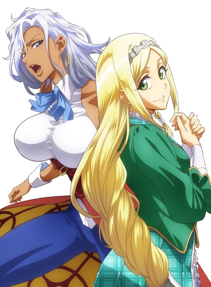 2girls anastasia_palma bad_link blonde_eyebrows blue_eyes blue_pants blue_ribbon braid braided_ponytail breasts clarissa_snowflake closed_mouth collar collarbone collared_halterneck collared_jacket collared_shirt cowboy_shot dark-skinned_female dark_skin earrings formal_clothes frilled_collar frills from_side gold_earrings green_eyes green_jacket green_skirt green_sleeves grey_eyebrows grey_hair hair_tubes halterneck head_tilt high-waist_skirt highres hoop_earrings jacket jewelry large_breasts long_braid long_hair long_sleeves looking_to_the_side low-tied_long_hair low_ponytail mature_female multiple_girls neck_ribbon nose official_art open_mouth own_hands_together pants plaid_clothes plaid_collar plaid_skirt ponytail red_skirt ribbon sakura_taisen shin_sakura_taisen shirt side_braid side_ponytail sidelocks silver_hairband skirt three-quarter_sleeves tall_female third-party_source tight_clothes tight_pants twin_braids very_long_hair wavy_hair white_collar white_shirt white_sleeves white_wrist_cuffs wrist_cuffs