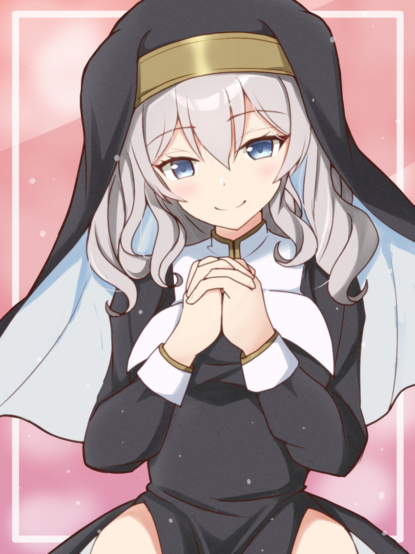 1girl black_robe blue_eyes breasts grey_hair habit highres kantai_collection kashima_(kancolle) large_breasts long_hair long_sleeves looking_at_viewer nun robe sawatani_(chevalier_04056) sidelocks smile solo twintails wavy_hair