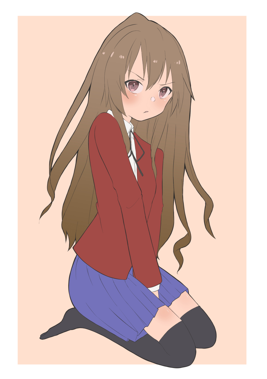 1girl absurdres aisaka_taiga between_legs black_ribbon black_thighhighs blush border brown_background brown_eyes brown_hair collared_shirt commentary_request full_body hair_between_eyes hand_between_legs highres kapuhedo_(caplico_77) long_hair long_sleeves looking_at_viewer neck_ribbon no_shoes oohashi_high_school_uniform outside_border parted_lips pleated_skirt ribbon school_uniform shirt simple_background sitting skirt solo thighhighs toradora! wariza white_border white_shirt