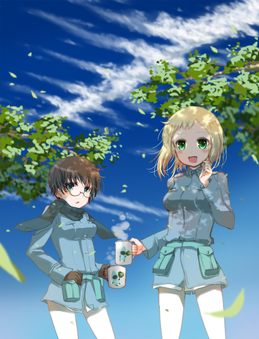 2girls black_eyes blonde_hair blush branch brown_hair cloud commentary cup day drink eini_a_lukkanen elma_leivonen flying glasses gloves gradient_background green_eyes highres leaf military military_uniform mug multiple_girls pantyhose pouch scarf short_hair sky smile steam strike_witches strike_witches:_aurora_no_majo strike_witches:_suomus_misfits_squadron suomio white_legwear wind world_witches_series