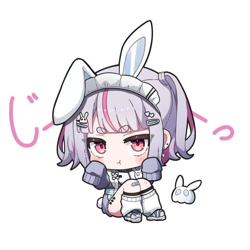 1girl :t angry animal_ears apron bandaid bandaid_on_knee bandaid_on_leg blue_footwear chibi closed_mouth dress fake_animal_ears fake_tail full_body hair_ornament hairclip hand_up heart heart_hair_ornament highres jersey_maid kiwipodo knees_up legwear_garter looking_at_viewer maid maid_headdress multicolored_hair pink_eyes pink_hair pink_streaks purple_dress purple_hair rabbit_ears rabbit_hair_ornament rabbit_tail short_eyebrows simple_background sitting skull_hair_ornament sleeves_past_wrists socks solo streaked_hair tail tosaki_mimi tosaki_mimi_(4th_costume) twintails unconventional_maid v-shaped_eyebrows virtual_youtuber vspo! white_apron white_background white_headdress white_socks