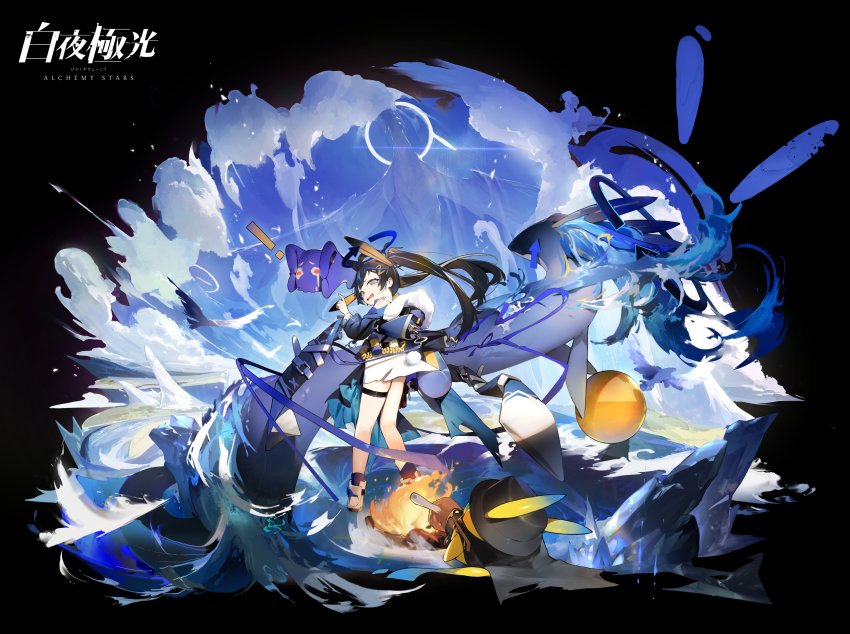 ! 1girl @_@ absurdres alchemy_stars antenna_hair bird black_coat black_hair boots campfire coat copyright_name creature dress fake_tail fang fia_(alchemy_stars) food gun halo highres holding holding_gun holding_weapon korean_commentary kyllo_(alchemy_stars) long_hair looking_at_viewer looking_back meat multicolored_hair official_art open_mouth rabbit_tail snot soroz_(alchemy_stars) standing streaked_hair tail tearing_up tears thigh_strap tonki trigger_discipline twintails water weapon white_dress