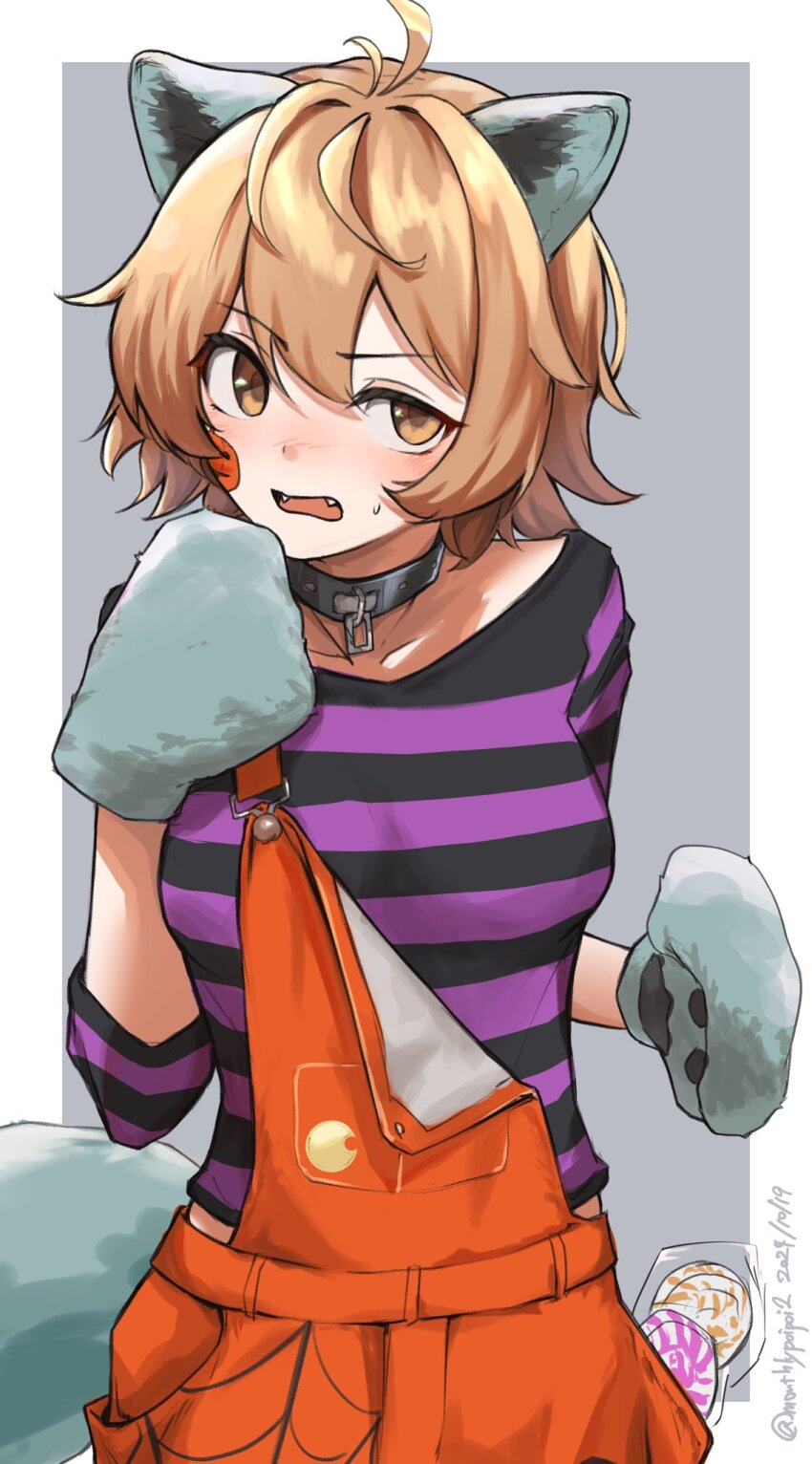 1girl animal_ears animal_hands blush breasts brown_eyes candy dated fake_animal_ears fake_tail fangs food gloves hair_between_eyes halloween_costume highres kantai_collection lollipop medium_breasts oboro_(halloween)_(kancolle) oboro_(kancolle) open_mouth orange_eyes orange_overalls overalls paw_gloves shirt short_hair simple_background solo striped_clothes striped_shirt sweat tail twitter_username two-tone_background umibudou