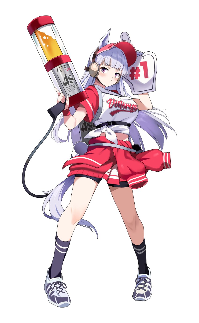 1girl absurdres alcohol animal_ears asahi_breweries beer bike_shorts black_socks blunt_bangs breasts clothes_around_waist fanny_pack gold_ship_(umamusume) highres horse_ears horse_girl horse_tail jacket large_breasts long_hair miniskirt o3o pleated_skirt purple_eyes red_jacket shirt shoes short_sleeves simple_background skirt sneakers socks solo sylph_kim tail track_jacket umamusume v-shaped_eyebrows very_long_hair visor_cap white_background white_hair white_shirt white_shoes white_skirt