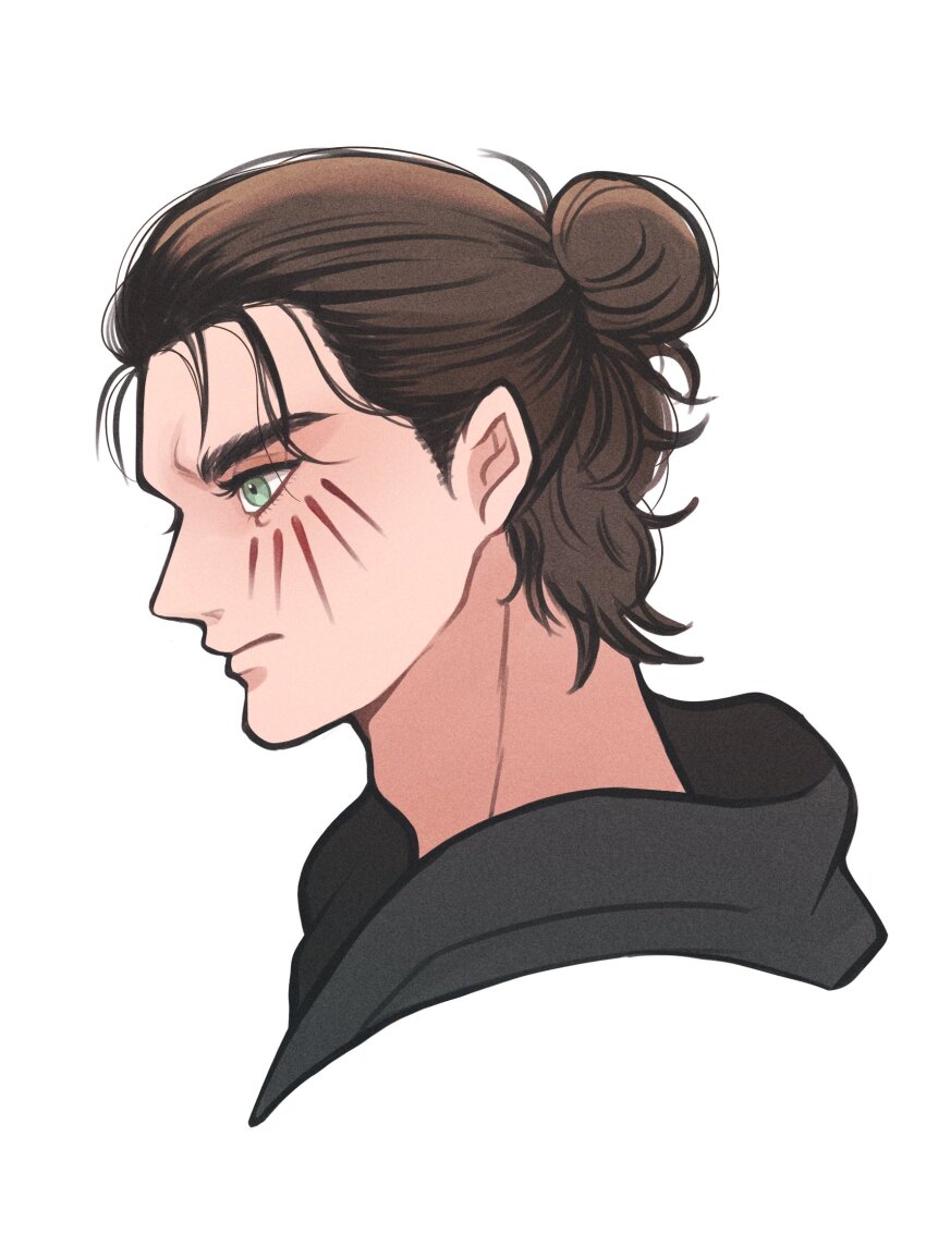 1boy brown_hair closed_mouth commentary_request eren_yeager facial_mark green_eyes hair_bun highres hood male_focus moko_eaka profile shingeki_no_kyojin simple_background solo white_background