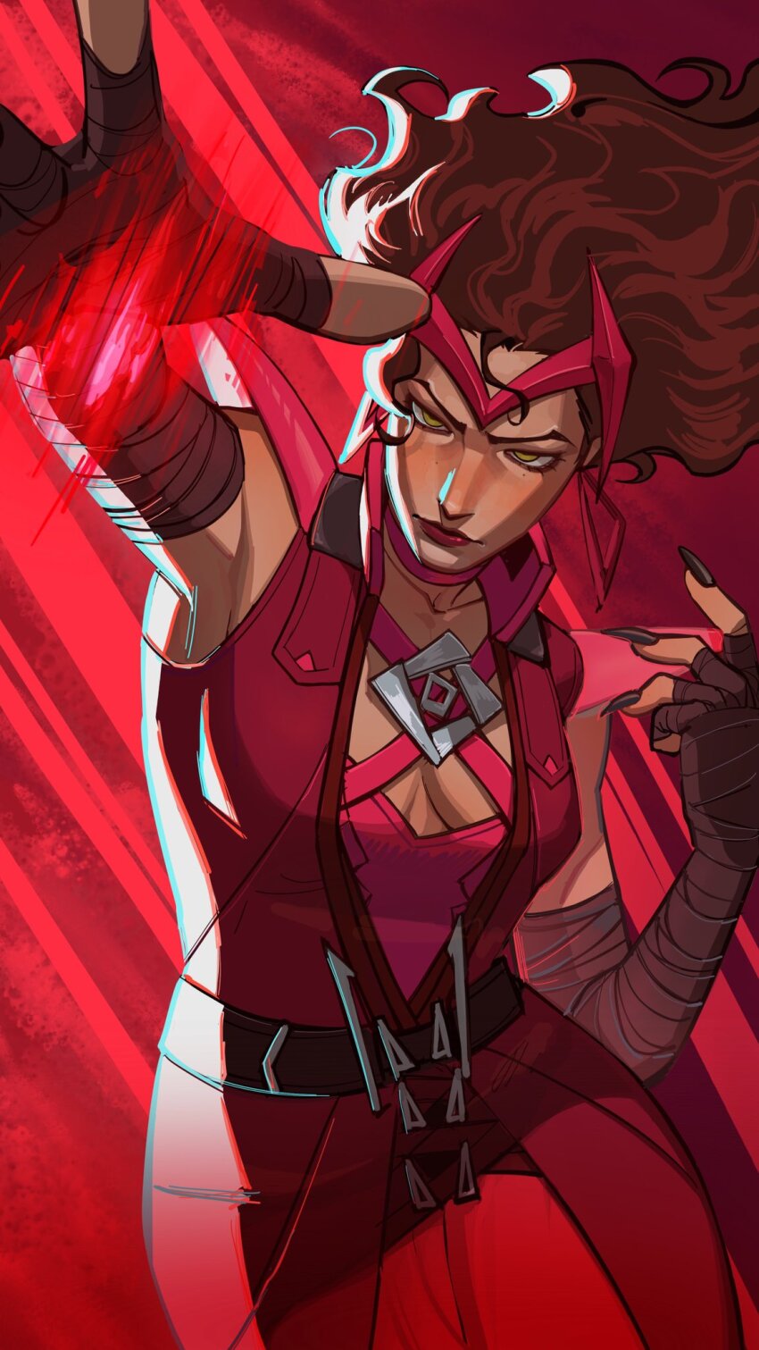 1girl avengers_(series) breasts brown_eyes brown_hair cape drugsandsocks gloves highres jewelry long_hair looking_at_viewer magic marvel marvel_rivals medium_breasts scarlet_witch solo wanda_maximoff