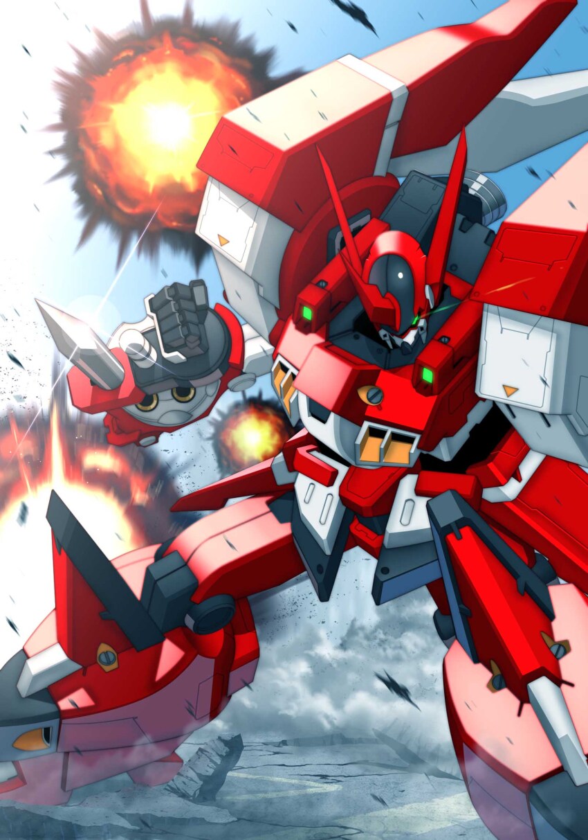 alteisen explosion eye_trail green_eyes highres horns kazue leaning_forward light_trail mecha no_humans pile_bunker robot science_fiction single_horn sky smoke solo super_robot_wars