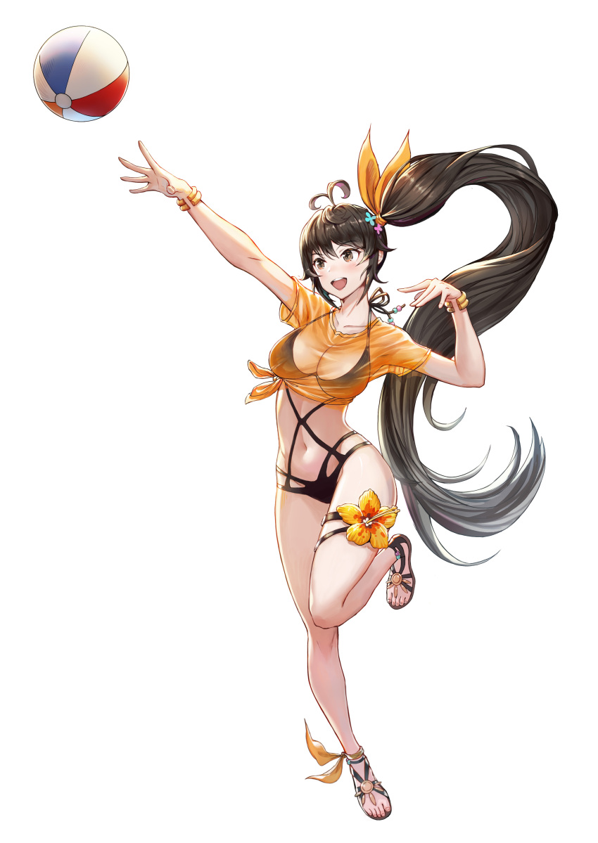 1girl absurdres ankle_ribbon antenna_hair arm_up ball beach_volleyball beachball black_one-piece_swimsuit black_sandals bracelet breasts brown_eyes cecilia_(king&#039;s_raid) cleavage commentary english_commentary flower flower_thigh_strap full_body highres jewelry jumping king&#039;s_raid lagna large_breasts leg_ribbon long_hair navel official_alternate_costume official_art one-piece_swimsuit orange_flower orange_shirt ribbon sandals see-through_clothes see-through_shirt shirt side_ponytail simple_background solo star-shaped_pupils star_(symbol) swimsuit symbol-shaped_pupils tied_shirt very_long_hair white_background