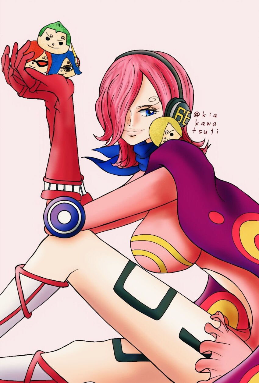 1girl 4boys blonde_hair blue_eyes blue_hair blue_neckerchief boots breasts brother_and_sister cape commentary_request curly_eyebrows dress gloves green_hair hair_over_one_eye headphones highres holding kiakawatsuji large_breasts leg_tattoo multiple_boys neckerchief one_piece pink_dress pink_hair profile red_hair sanji_(one_piece) short_dress siblings simple_background sitting smile sunglasses tattoo twitter_username vinsmoke_ichiji vinsmoke_niji vinsmoke_reiju vinsmoke_yonji