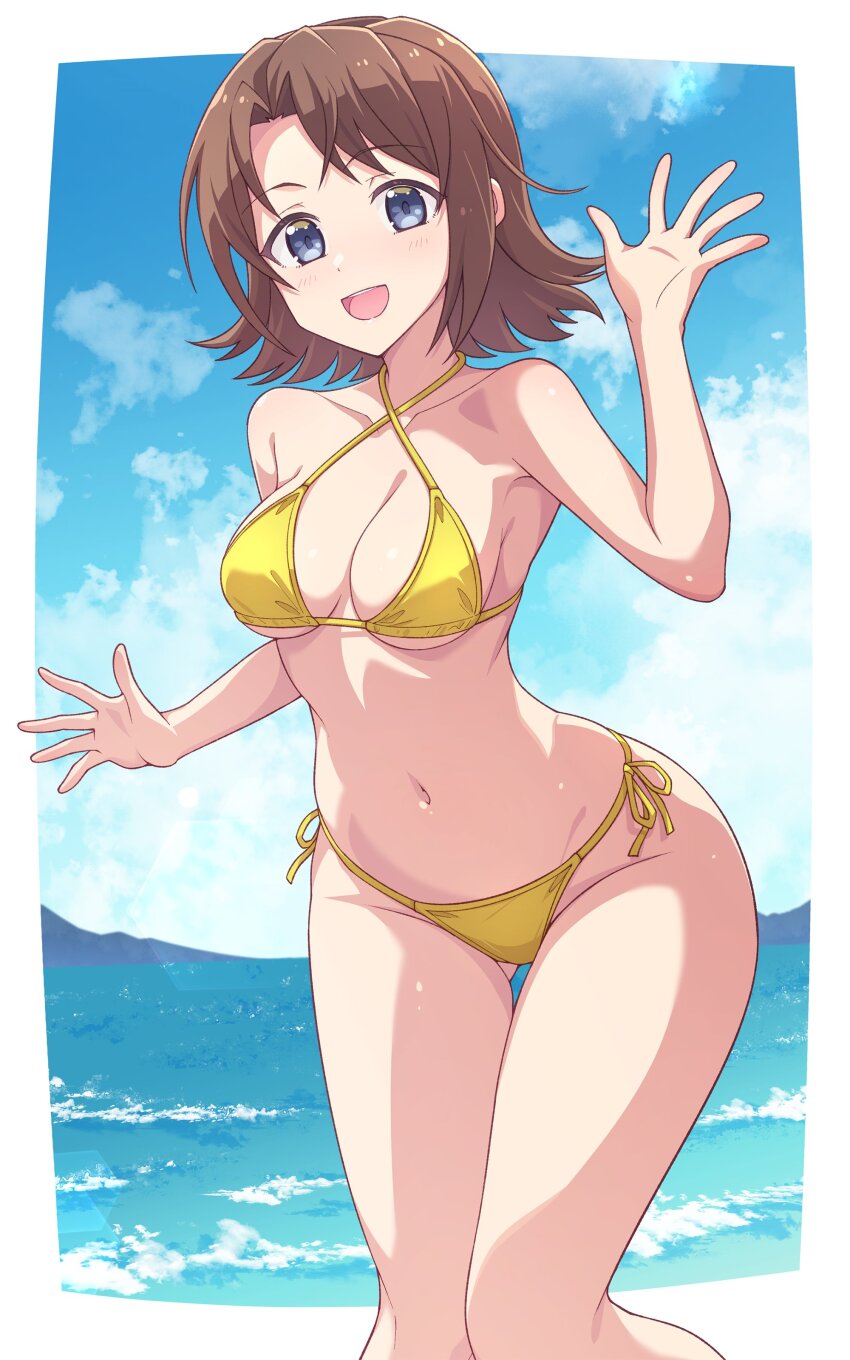1girl :d absurdres amy_(suisei_no_gargantia) bikini blue_sky border breasts cleavage cloud collarbone day e20 gluteal_fold highres medium_breasts navel ocean open_mouth outdoors outside_border second-party_source side-tie_bikini_bottom sky smile solo stomach suisei_no_gargantia swimsuit teeth thighs tongue upper_teeth_only waving white_border yellow_bikini