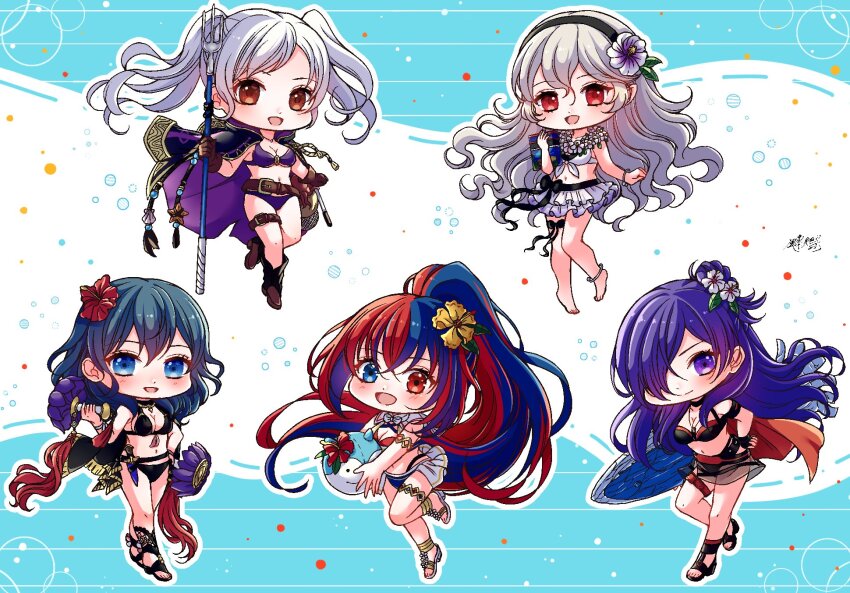 5girls female_alear_(fire_emblem) bikini black_bikini blue_bikini blue_eyes blue_hair book boots character_ball chibi female_corrin_(fire_emblem) female_corrin_(novice_vacationer)_(fire_emblem) female_alear_(fire_emblem) female_alear_(seaside_dragon)_(fire_emblem) female_byleth_(fire_emblem) female_byleth_(summer)_(fire_emblem) female_robin_(fire_emblem) female_robin_(seaside_tactician)_(fire_emblem) female_shez_(fire_emblem) female_shez_(summer)_(fire_emblem) fingerless_gloves fire_emblem fire_emblem:_three_houses fire_emblem_awakening fire_emblem_engage fire_emblem_fates fire_emblem_heroes fire_emblem_warriors:_three_hopes gloves green_hair highres holding holding_book male_shez_(fire_emblem) male_shez_(summer)_(fire_emblem) multicolored_hair multiple_girls nintendo official_alternate_costume official_alternate_hairstyle open_mouth ponytail purple_bikini purple_eyes purple_hair red_bikini red_eyes red_hair sommie_(fire_emblem) split-color_hair swimsuit toeless_footwear two-tone_hair white_bikini white_hair zenryoku_pawar9