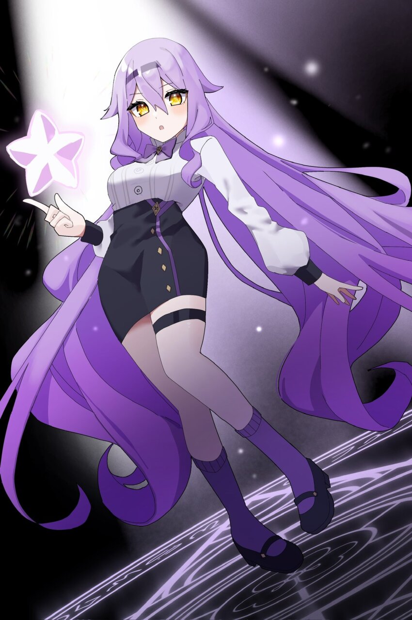1girl black_hairband black_shoes black_skirt black_sleeve_cuffs bow bowtie commentary full_body h2o_omizu hairband high-waist_skirt highres honkai_(series) honkai_impact_3rd long_hair mary_janes object_floating_above_hand open_mouth pencil_skirt purple_bow purple_bowtie purple_hair purple_socks shirt shoes sirin sirin_(magic_academy_uniform) sirin_(miracle_magical_girl) skirt socks solo star_(symbol) thigh_strap very_long_hair white_shirt yellow_eyes