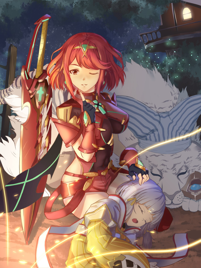 1boy 2girls 3k4voice aegis_sword_(xenoblade) animal_ears black_gloves blunt_bangs bodysuit breasts cat_ears chest_jewel dromarch_(xenoblade) earrings facial_mark fingerless_gloves gloves highres jewelry large_breasts multiple_girls nia_(xenoblade) pyra_(xenoblade) red_eyes red_hair red_legwear red_shorts short_hair short_shorts shorts swept_bangs sword thighhighs tiara weapon white_gloves xenoblade_chronicles_(series) xenoblade_chronicles_2 yellow_bodysuit