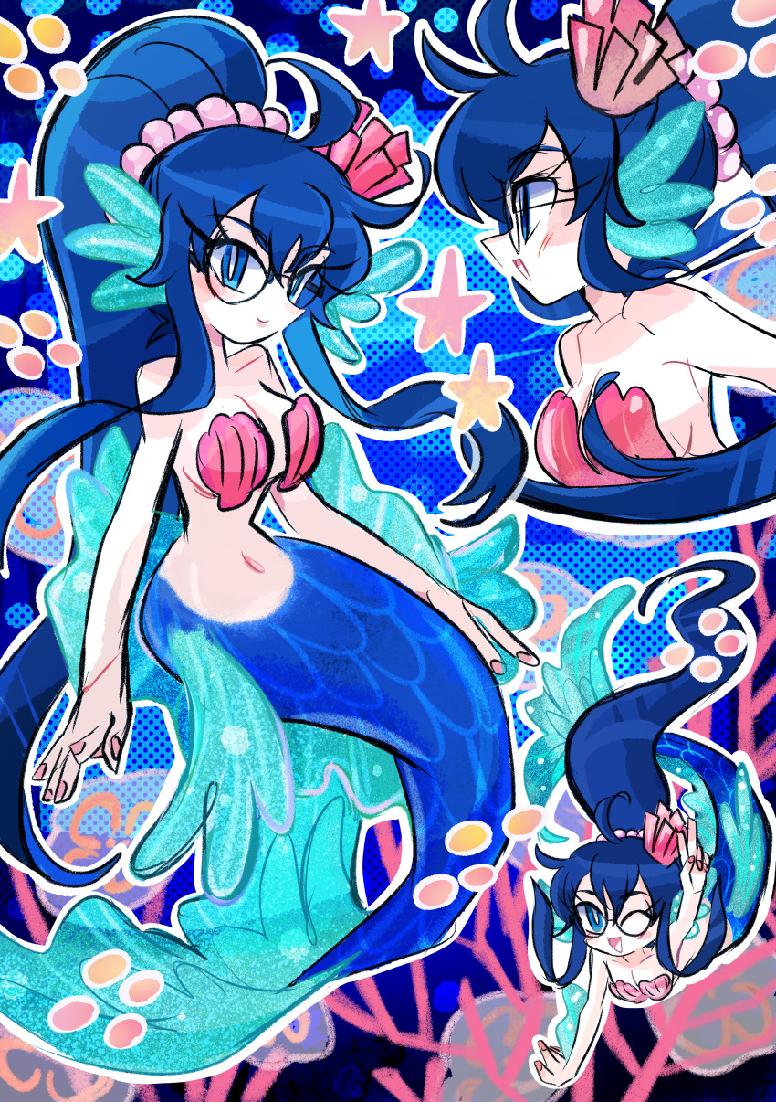 1girl ;d absurdres blue_eyes blue_hair blush breasts bright_pupils closed_mouth commentary_request commission from_side fuuko_(kazeoceantide) glasses highres long_eyelashes long_hair mermaid monster_girl multiple_views navel one_eye_closed open_mouth original outline pixiv_commission ponytail rakugaki_shitagari-ya shell shell_bikini sidelocks smile star_(symbol) stomach textless_version v very_long_hair white_outline white_pupils