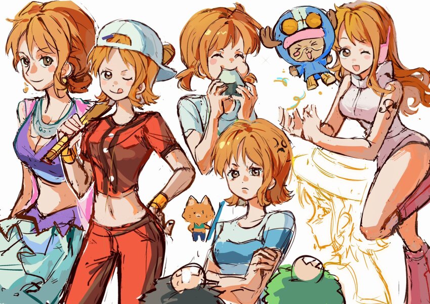 1girl 3boys :d :q aijvli anger_vein angry animalization arm_tattoo backwards_hat bandaid bare_legs baseball_bat baseball_uniform black_hair boots breasts brown_eyes chibi chibi_inset cleavage closed_mouth cowboy_shot cowlick crop_top cropped_torso crossed_bandaids earrings feet_out_of_frame food foot_up green_hair hand_on_own_hip happy hat highres jewelry legs_apart leotard long_hair looking_at_viewer medium_breasts midriff monkey_d._luffy multiple_boys multiple_views nami_(one_piece) nami_(one_piece)_(alabasta) nami_(one_piece)_(east_blue) nami_(one_piece)_(egghead) nami_(one_piece)_(post-timeskip) nami_(one_piece)_(skypiea) navel official_alternate_costume official_alternate_hair_length official_alternate_hairstyle one_eye_closed one_piece one_piece:_take_aim!_the_pirate_baseball_king onigiri open_mouth orange_hair out_of_frame pink_boots roronoa_zoro short_hair short_sleeves short_twintails sleeveless smile solo_focus sportswear tattoo tongue tongue_out tony_tony_chopper twintails upper_body v-shaped_eyebrows white_background white_leotard wristband