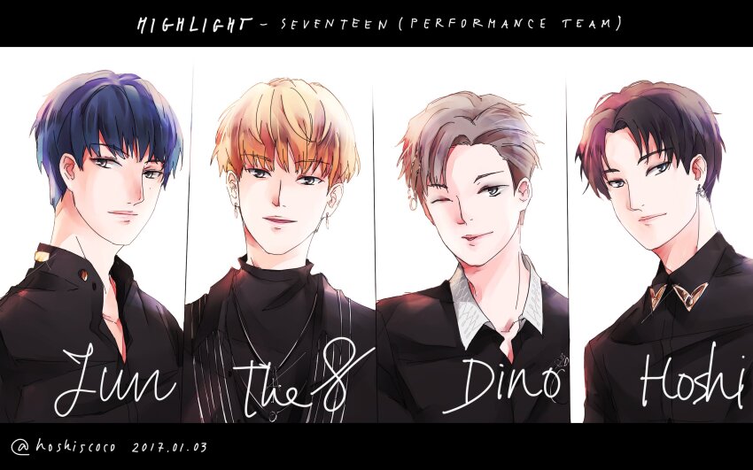 4boys absurdres artist_name_(singer) black_jacket blue_hair blunt_bangs brown_hair commentary dated dino_(seventeen) earrings highres hoshi_(seventeen) hoshiscoco jacket jewelry jun_(seventeen) k-pop letterboxed looking_at_viewer male_focus multiple_boys one_eye_closed real_life seventeen_(group) smile the8_(seventeen) twitter_username upper_body