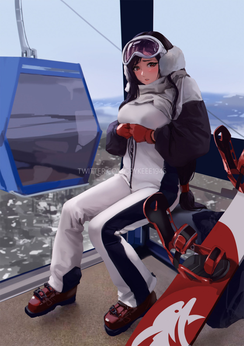 1girl black_hair coat earmuffs final_fantasy final_fantasy_vii final_fantasy_vii_rebirth final_fantasy_vii_remake gloves goggles highres long_hair looking_at_viewer nervous red_eyes sitting ski_gear ski_lift skis snow solo spykeee tifa_lockhart winter winter_clothes