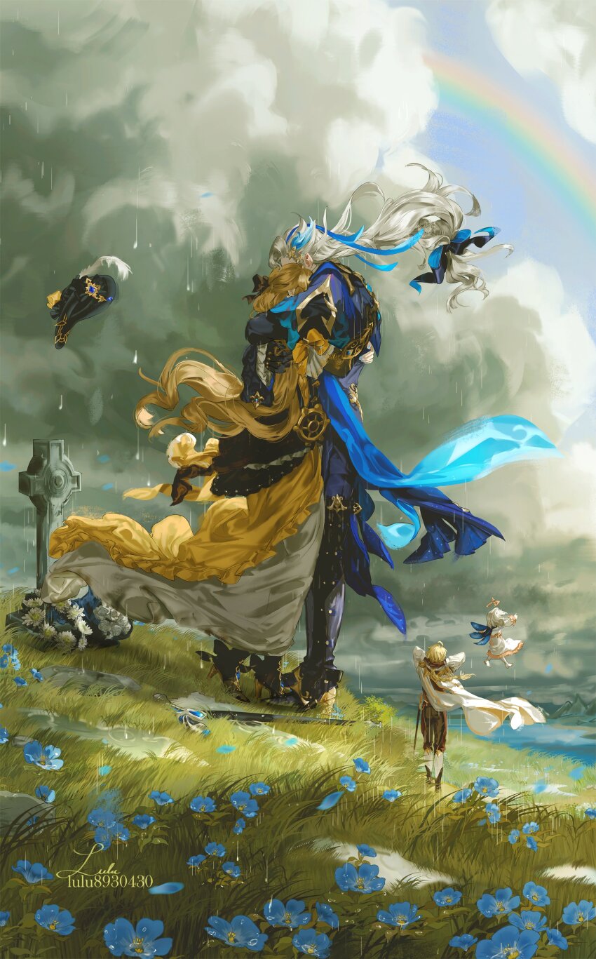 2boys 2girls absurdres aether_(genshin_impact) black_hat blonde_hair blue_flower blue_jacket blue_pants boots braid braided_ponytail cloud cloudy_sky dress field flower flower_field genshin_impact grass hat highres hug jacket knee_boots lluluchwan long_hair multiple_boys multiple_girls navia_(genshin_impact) neuvillette_(genshin_impact) outdoors paimon_(genshin_impact) pants rain rainbow sky standing tombstone unworn_hat unworn_headwear white_dress white_flower white_hair yellow_dress