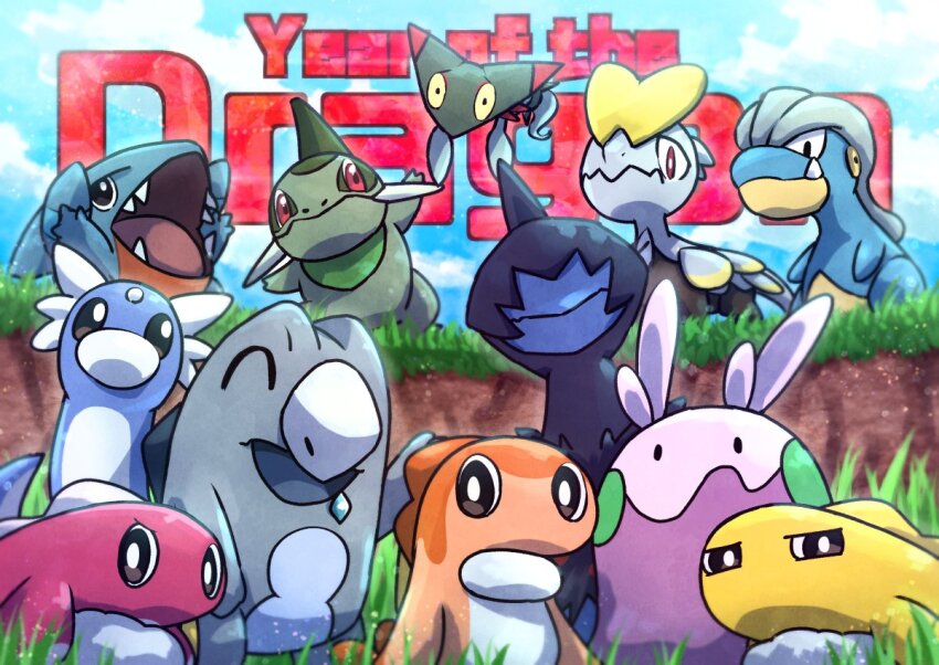 animal_focus axew bagon black_eyes blue_sky chinese_zodiac closed_mouth cloud commentary_request deino_(pokemon) dratini dreepy fangs fish floating frigibax gen_1_pokemon gen_3_pokemon gen_4_pokemon gen_5_pokemon gen_6_pokemon gen_7_pokemon gen_8_pokemon gible goomy jangmo-o kotobukkii_(yt_lvlv) nintendo no_humans on_grass open_mouth pokemon pokemon_(creature) red_eyes sharp_teeth sky slug smile snake solid_oval_eyes tatsugiri tatsugiri_(curly) tatsugiri_(droopy) tatsugiri_(stretchy) teeth trait_connection year_of_the_dragon