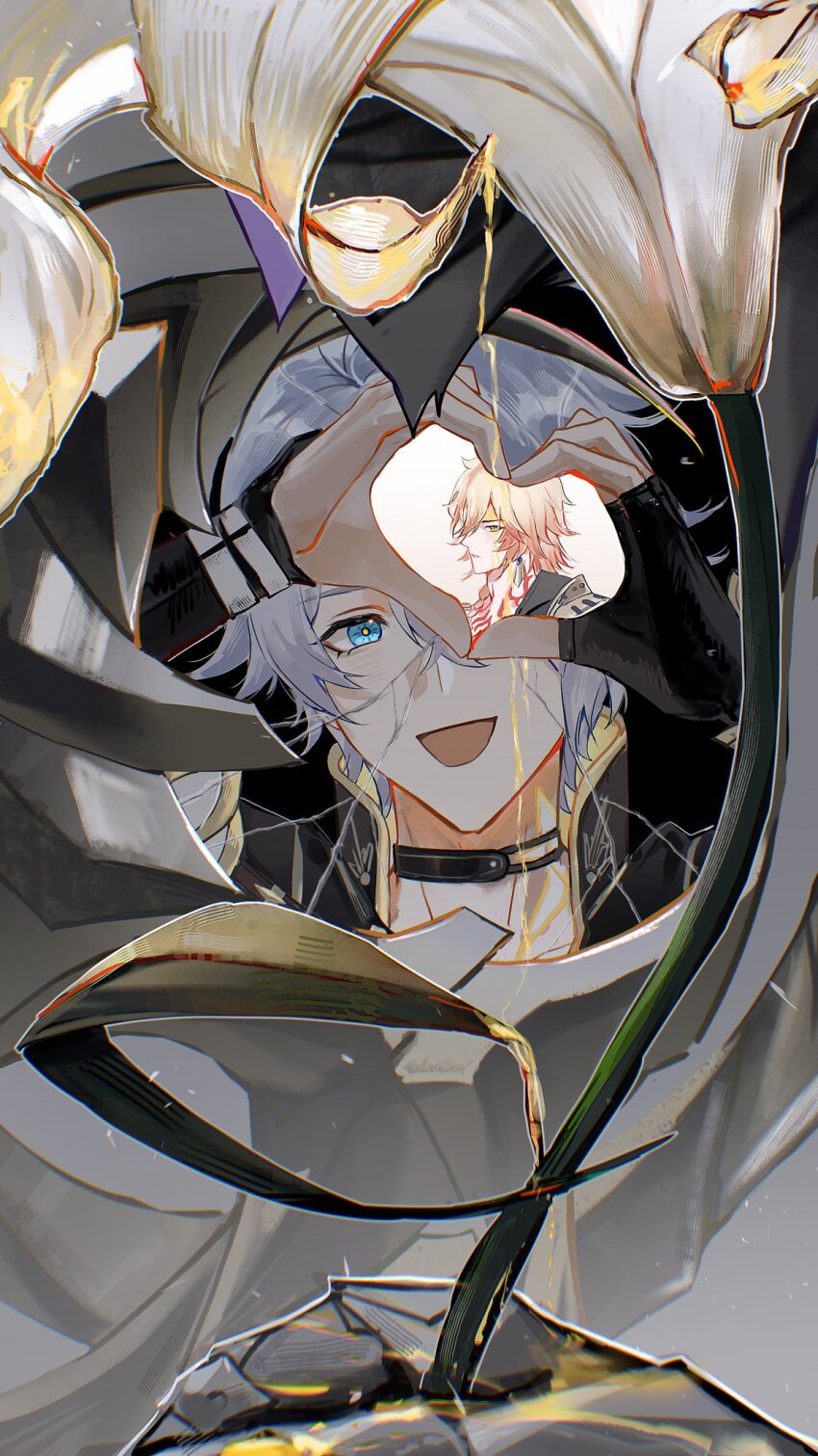 2boys armor black_choker black_coat black_gloves black_shirt blonde_hair blue_eyes braid choker coat crack cracked_glass earrings fingerless_gloves flame_reaver_of_the_deepest_dark gloves gold_earrings hair_between_eyes heart heart_hands highres honkai:_star_rail honkai_(series) jewelry liquid_gold looking_at_viewer male_focus medium_hair multicolored_hair multiple_boys mydei_(honkai:_star_rail) open_clothes open_coat open_mouth pauldrons phainon_(honkai:_star_rail) qiaose33912 red_hair shirt short_hair shoulder_armor side_braid single_glove single_pauldron sun_symbol sun_tattoo tan white_hair yellow_eyes