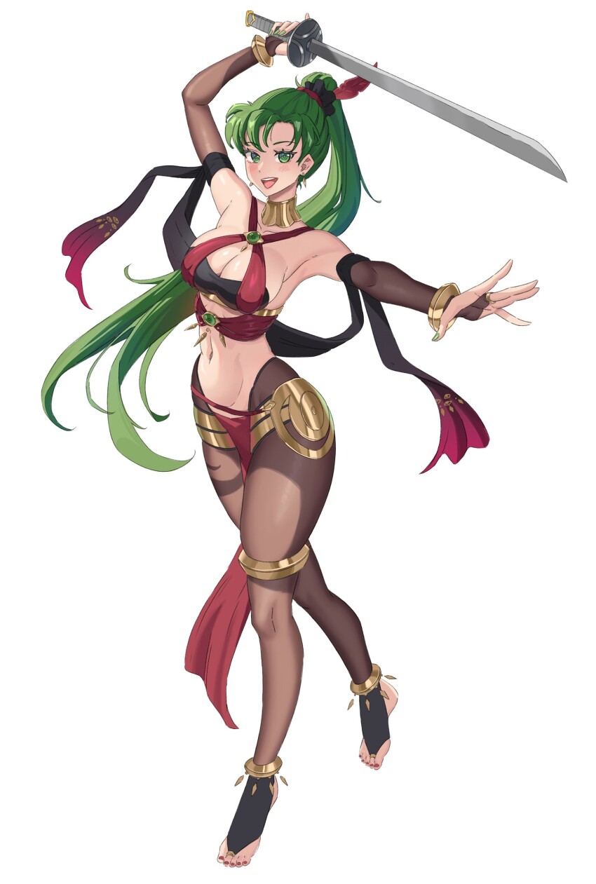 absurdres anklet armpits bodystocking bridal_legwear commission cosplay dancer dorothea_arnault dorothea_arnault_(plegian) dorothea_arnault_(plegian)_(cosplay) earrings emmettart feet fire_emblem fire_emblem:_the_blazing_blade fire_emblem_heroes green_eyes green_hair high_ponytail highres jewelry legs loincloth long_hair lyn_(fire_emblem) nail_polish nintendo no_shoes pelvic_curtain ponytail skin_tight sword toe_ring toeless_legwear toenail_polish toenails toes weapon
