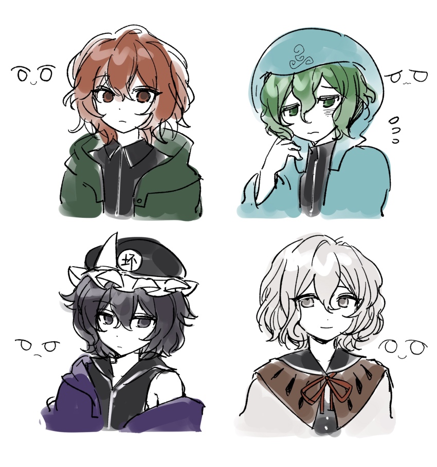 1girl 3others androgynous black_eyes black_hair black_hat black_shirt blue_jacket multiple_expressions green_eyes green_hair green_jacket grey_eyes hand_in_own_hair hat highres jacket len&#039;en light_frown light_smile long_sleeves mob_cap multiple_others purple_jacket red_eyes red_hair shirt shitodo_aoji shitodo_hooaka shitodo_hoojiro shitodo_kuroji single_bare_shoulder sketch white_hair white_shirt xiao_ganju_nailuo