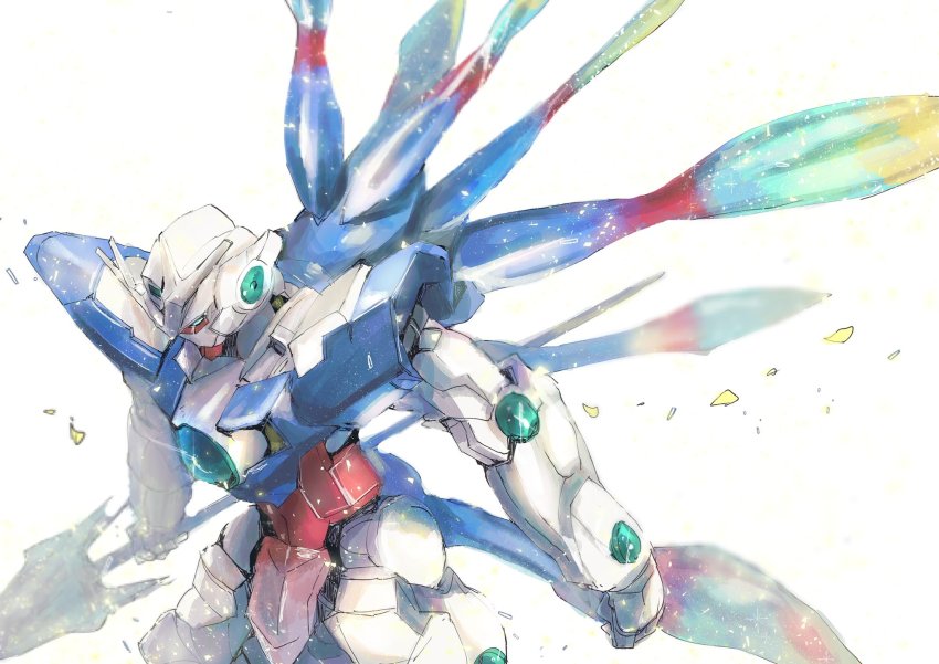 00_qan[t] aqua_eyes commentary els gundam gundam_00 gundam_00_a_wakening_of_the_trailblazer highres holding holding_weapon kare_(0621utak) looking_down mecha mobile_suit no_humans robot science_fiction simple_background solo v-fin weapon white_background wings