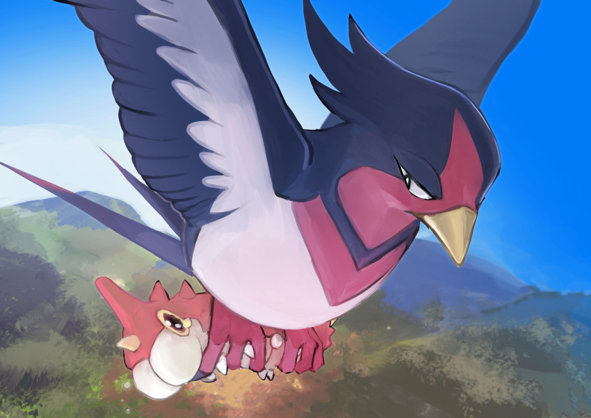 absurdres animal_focus bird black_eyes blue_sky bug carrying colored_sclera commentary_request creature_as_food crying day day_walker1117 flying gen_3_pokemon gradient_sky half-closed_eyes highres looking_at_another looking_down nintendo no_humans outdoors pokemon pokemon_(creature) pokemon_mystery_dungeon pokemon_mystery_dungeon:_explorers_of_time/darkness/sky predation red_eyes scared sky swellow tears wavy_eyes wurmple yellow_sclera
