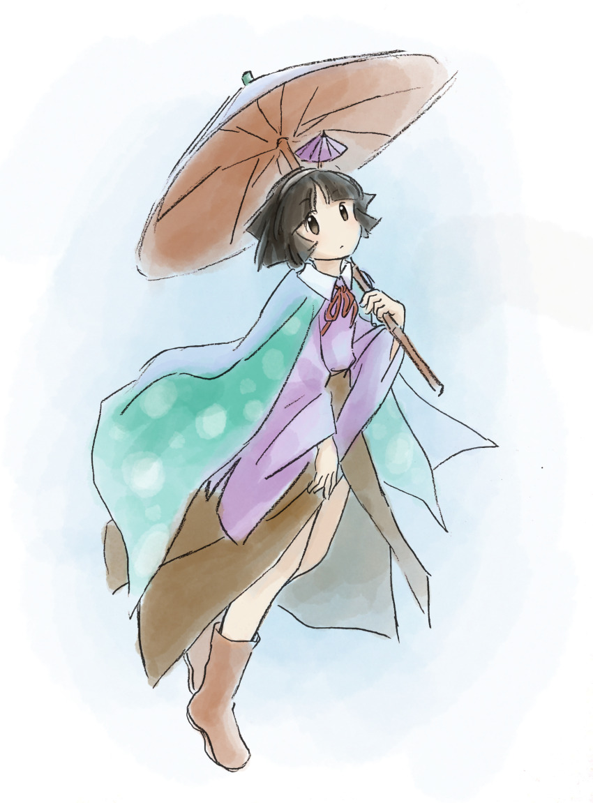 1other absurdres amanomiya_jun androgynous aqua_cape baila_kuangzi black_eyes black_hair boots brown_boots brown_cape cape chinese_commentary closed_mouth collared_shirt commentary_request full_body hairband highres holding holding_umbrella len&#039;en long_sleeves neck_ribbon other_focus purple_sweater red_ribbon ribbon shirt short_hair solo sweater umbrella umbrella_hair_ornament white_hairband white_shirt wide_sleeves