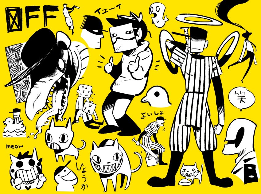 5boys add-on_(off) akira_kira baseball_bat baseball_cap baseball_uniform bird box burnt_(off) cardboard_box cat closed_mouth collage collared_shirt copyright_name covered_face dedan_(off) double_thumbs_up dragging elsen_(off) faceless faceless_male frog_mask frown greyscale_with_colored_background hat highres holding holding_baseball_bat hood hood_down hoodie layered_sleeves long_sleeves long_tongue meme_request monster multiple_boys necktie no_eyes off_(game) pants pinstripe_pants pinstripe_pattern pinstripe_shirt sharp_teeth shirt short_hair short_over_long_sleeves short_sleeves simple_background speech_bubble sportswear swan_boat sweat teeth the_batter_(off) the_judge_(off) thumbs_up tongue very_sweaty x_x yellow_background zacharie_(off)