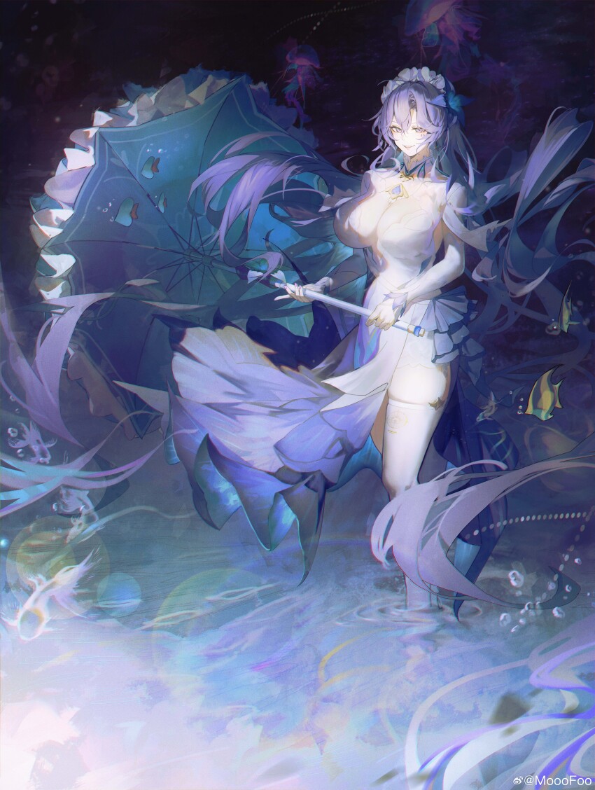 1girl absurdres blue_flower blue_umbrella breasts bubble cantarella_(wuthering_waves) chinese_commentary chromatic_aberration commentary_request dress earrings facial_mark fish flower hair_between_eyes hair_flower hair_ornament hair_spread_out headdress highres holding holding_umbrella incredibly_absurdres jellyfish jewelry large_breasts long_hair looking_at_viewer mark_under_eye mooofoo nail_polish parasol parted_lips purple_eyes purple_hair purple_nails shorts shrug_(clothing) side_slit single_thighhigh smile solo thighhighs thighs umbrella very_long_hair wading watermark weibo_watermark white_dress white_shorts white_shrug white_thighhighs wuthering_waves