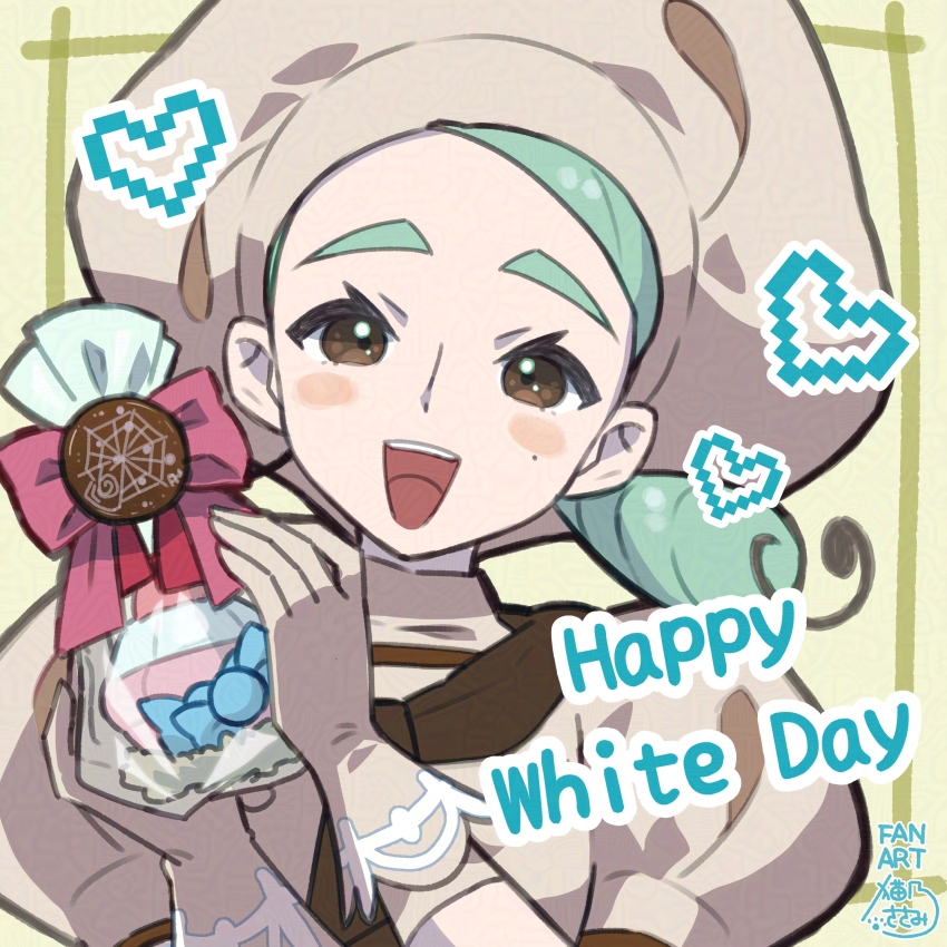 1girl absurdres ascot bow brown_ascot brown_eyes chef chef_hat chocolate english_text gift gift_bag gloves green_hair hands_up happy_white_day hat heart highres holding holding_gift katy_(pokemon) looking_at_viewer low_side_ponytail mole mole_on_cheek nintendo open_mouth pink_bow pokemon pokemon_sv portrait puffy_short_sleeves puffy_sleeves sasami_642 short_sleeves smile solo teeth upper_teeth_only white_day