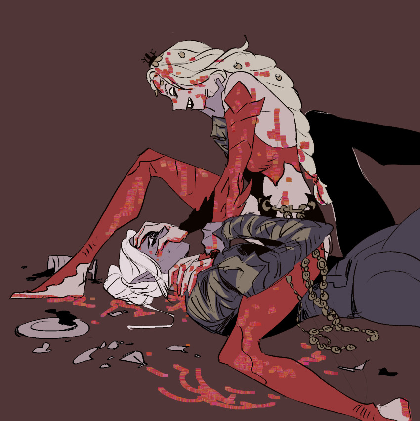 2girls alcohol baldur&#039;s_gate baldur&#039;s_gate_3 bare_shoulders blonde_hair bodysuit braid broken brown_background covering_another&#039;s_mouth crazy_grin dark_elf detached_sleeves dungeons_&amp;_dragons elf hair_bun hand_on_another&#039;s_face highres hip_vent holding_another&#039;s_wrist j_jsh long_hair looking_at_another low-braided_long_hair low-tied_long_hair lying minthara multiple_girls on_back orin_the_red plate pointy_ears red_bodysuit shards short_hair single_braid single_hair_bun sitting sitting_on_chest sitting_on_person spill white_hair wine
