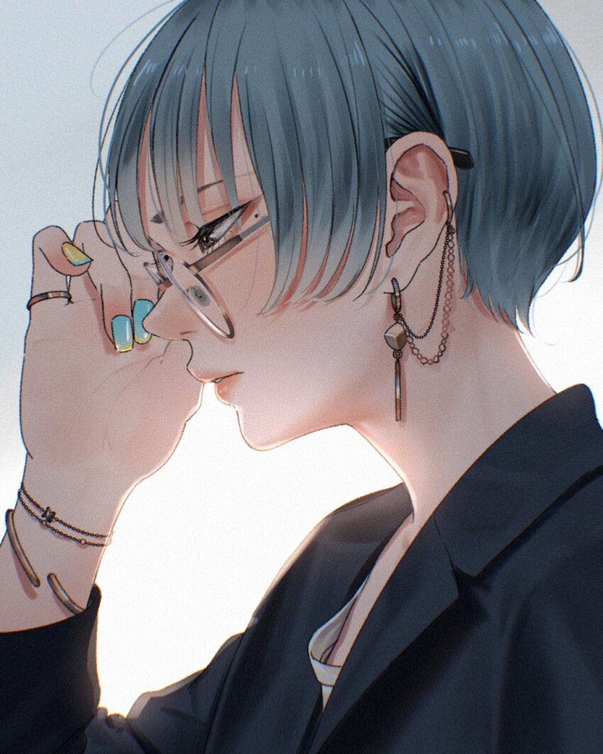 1girl blue_hair bracelet earrings fingernails glasses highres jacket jewelry long_fingernails mole mole_under_eye multiple_bracelets nail_polish original parted_lips ring saitou_(lynx-shrike) shirt simple_background solo white_background white_shirt