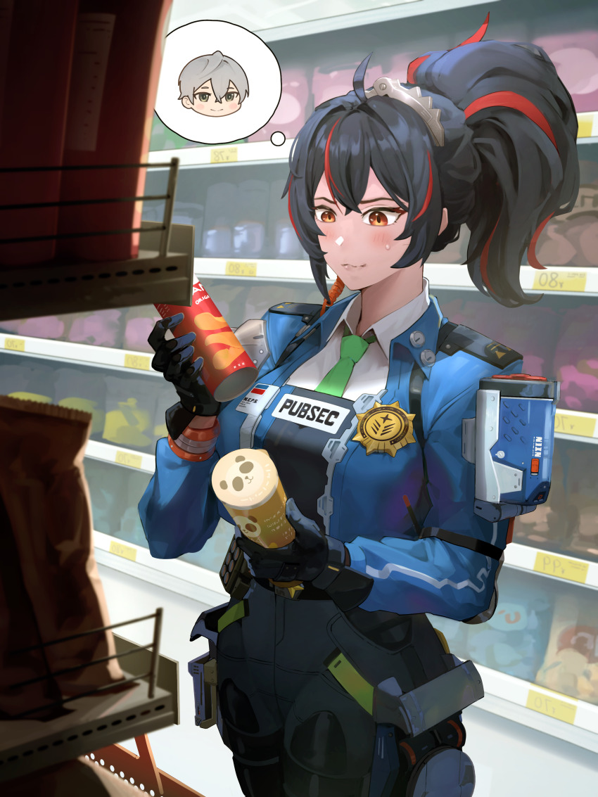 1girl absurdres black_gloves black_hair black_pants blue_jacket blush breasts can closed_mouth gloves green_necktie high-waist_pants highres holding holding_can holding_tube jacket large_breasts metal_hairband multicolored_hair necktie pants police police_badge police_uniform policewoman ponytail pringles_can red_eyes red_hair solo speech_bubble spoken_character streaked_hair supermarket sweatdrop thought_bubble tight_clothes tight_pants wise_(zenless_zone_zero) yobel zenless_zone_zero zhu_yuan