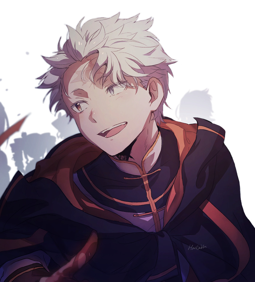 1boy alternate_universe bad_id bad_pixiv_id beatrice_(re:zero) cloak harusabin highres looking_to_the_side natsuki_subaru open_mouth otto_suewen partially_blind re:zero_kara_hajimeru_isekai_seikatsu re:zero_kara_tsugihagu_isekai_seikatsu scar scar_on_face silhouette smile solo_focus white_background white_hair
