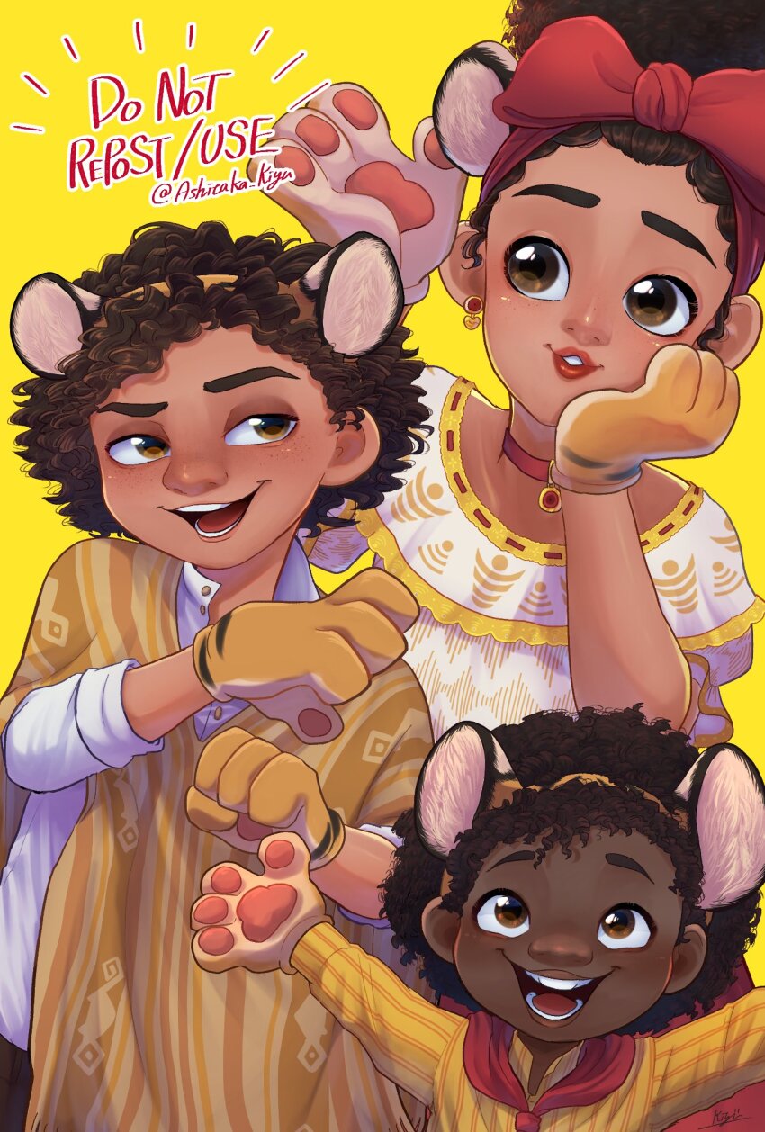 1girl 2boys afro antonio_madrigal ashitaka_kiyu bow brown_eyes brown_hair camilo_madrigal choker colombian_clothes curly_hair dark-skinned_female dark-skinned_male dark_skin dolores_madrigal dress earrings embroidery encanto hair_bow heart heart_earrings highres jewelry multiple_boys red_bow red_choker shirt simple_background skirt smile very_dark_skin