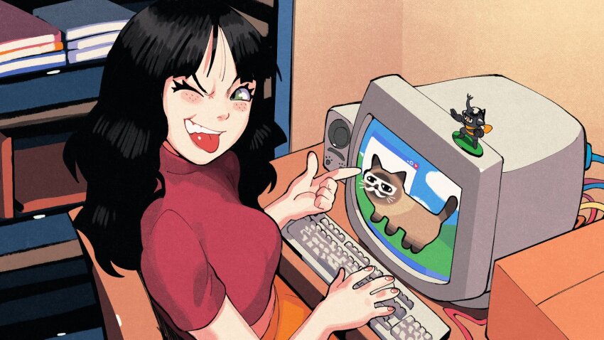 1girl black_hair book box breasts cardboard_box cat chair commentary commission computer_keyboard crop_top derivative_work english_commentary facial_hair figure freckles highres indoors inkerton-kun looking_at_viewer monitor mustache one_eye_closed original pointing red_shirt second-party_source shirt sitting solo tongue tongue_out turtleneck