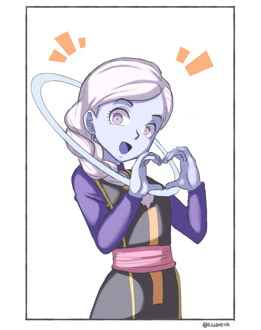 1girl angel blue_skin braid colored_skin cus dragon_ball dragon_ball_super flat_chest hair_over_shoulder halo heart heart_hands highres long_hair looking_at_viewer open_mouth purple_eyes rajaie101 single_braid smile solo white_hair