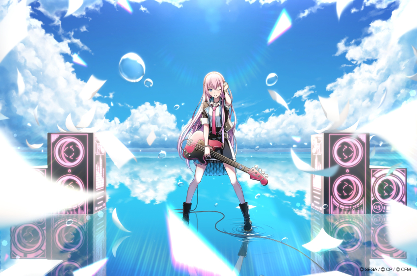 1girl adjusting_hair bad_id bad_pixiv_id black_footwear black_jacket black_skirt blue_eyes blue_sky blurry blurry_foreground boots bracelet bubble cable cloud commentary day electric_guitar flying_paper glowing graphic_equalizer guitar highres holding holding_instrument instrument jacket jewelry kokonosexxx lens_flare long_hair looking_at_viewer megurine_luka necktie one_eye_closed paper pink_hair red_neckwear reflection shirt short_sleeves skirt sky smile speaker standing standing_on_liquid sunlight very_long_hair vocaloid water_world white_shirt wide_shot