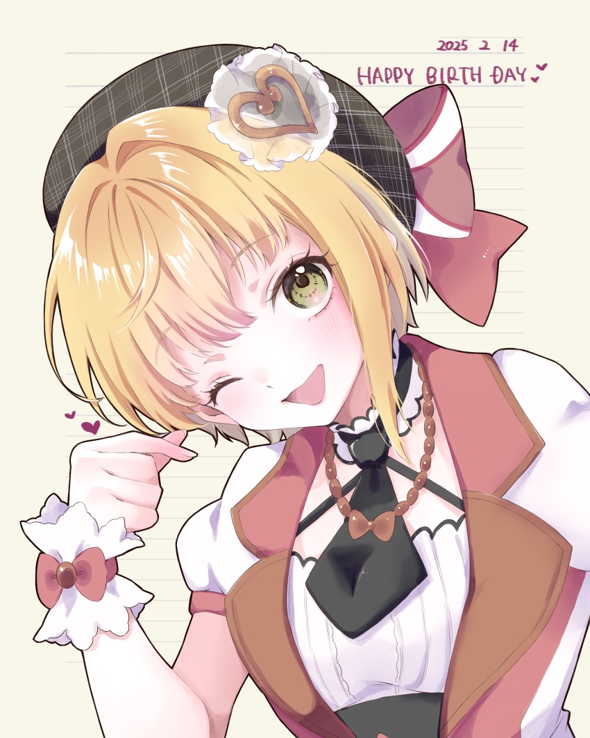 1girl ;d absurdres beret black_hat black_necktie blush colored_lapels dated finger_heart frilled_wristband green_eyes hair_intakes happy_birthday hat head_tilt heart highres idolmaster idolmaster_cinderella_girls jacket kori_(spinsongs) looking_at_viewer miyamoto_frederica necktie one_eye_closed open_mouth plaid_hat puffy_short_sleeves puffy_sleeves short_hair short_necktie short_sleeves smile solo upper_body white_jacket