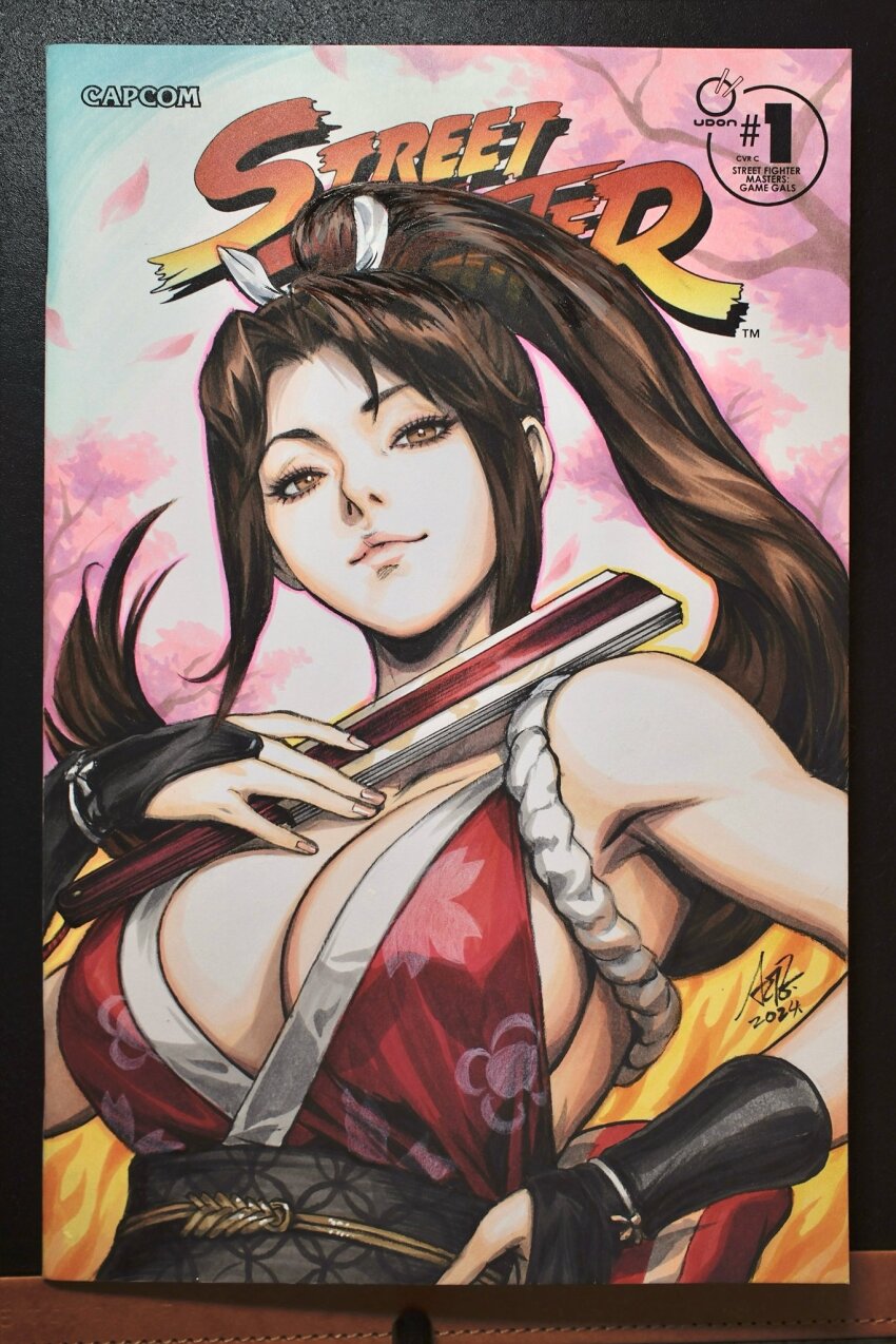 1girl artist_name bad_tag breasts brown_eyes brown_hair cleavage cover_sketch crossover high_ponytail highres large_breasts long_hair looking_at_viewer photo_(medium) ponytail shiranui_mai sideboob smile solo stanley_lau street_fighter street_fighter_6 the_king_of_fighters traditional_media upper_body