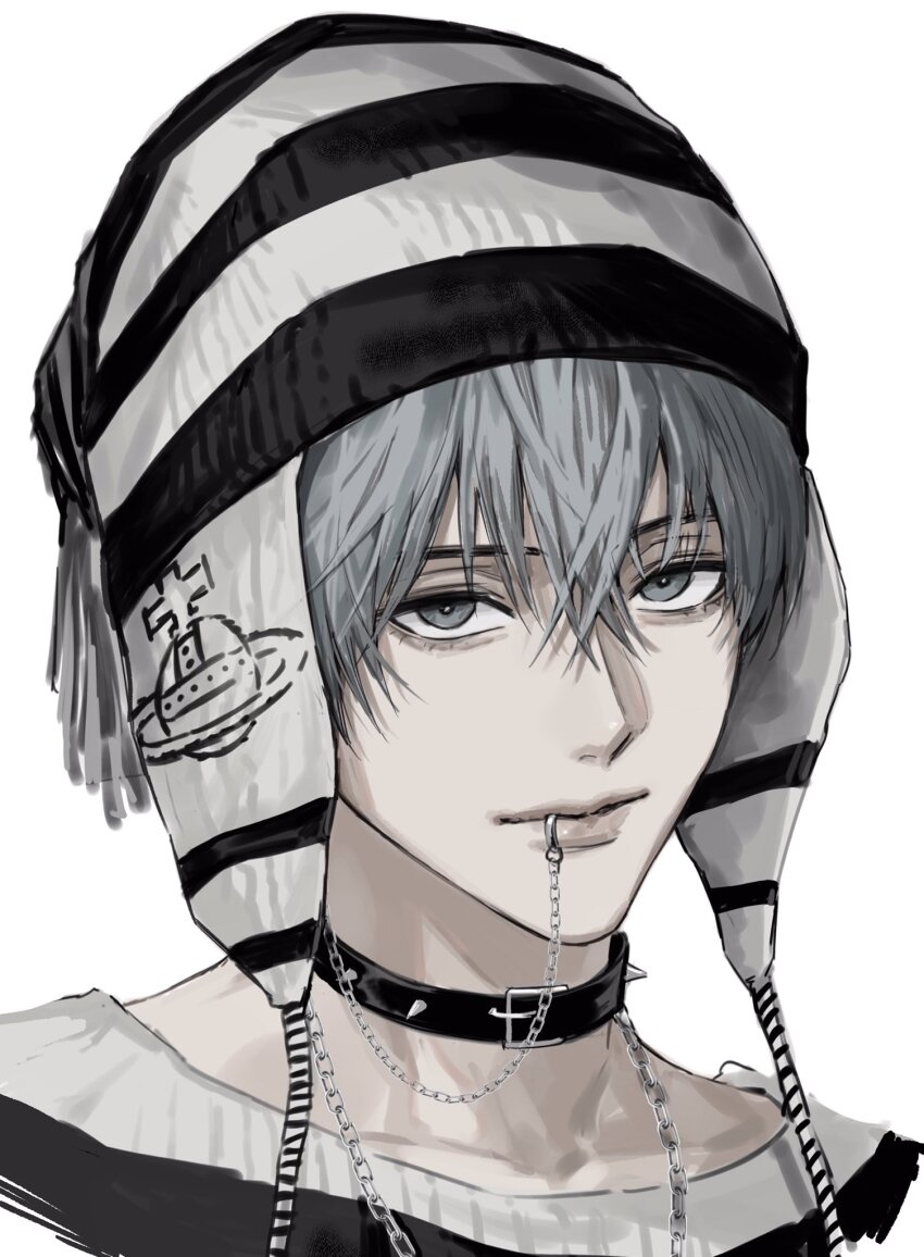 1boy aegyo_sal beanie black_choker black_hat chain choker grey_eyes grey_hair hat highres lip_piercing looking_at_viewer male_focus nana_(series) okazaki_shin&#039;ichi piercing portrait sanpaku shirt simple_background solo spiked_choker spikes sso_s striped_hat sweater white_background white_hat white_sweater